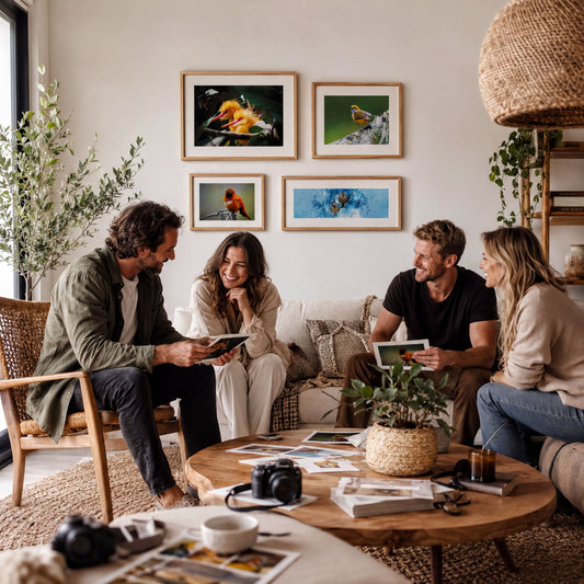 A group of four people are sitting around a coffee table in a cozy living room, engaged in conversation and enjoying each other's company.