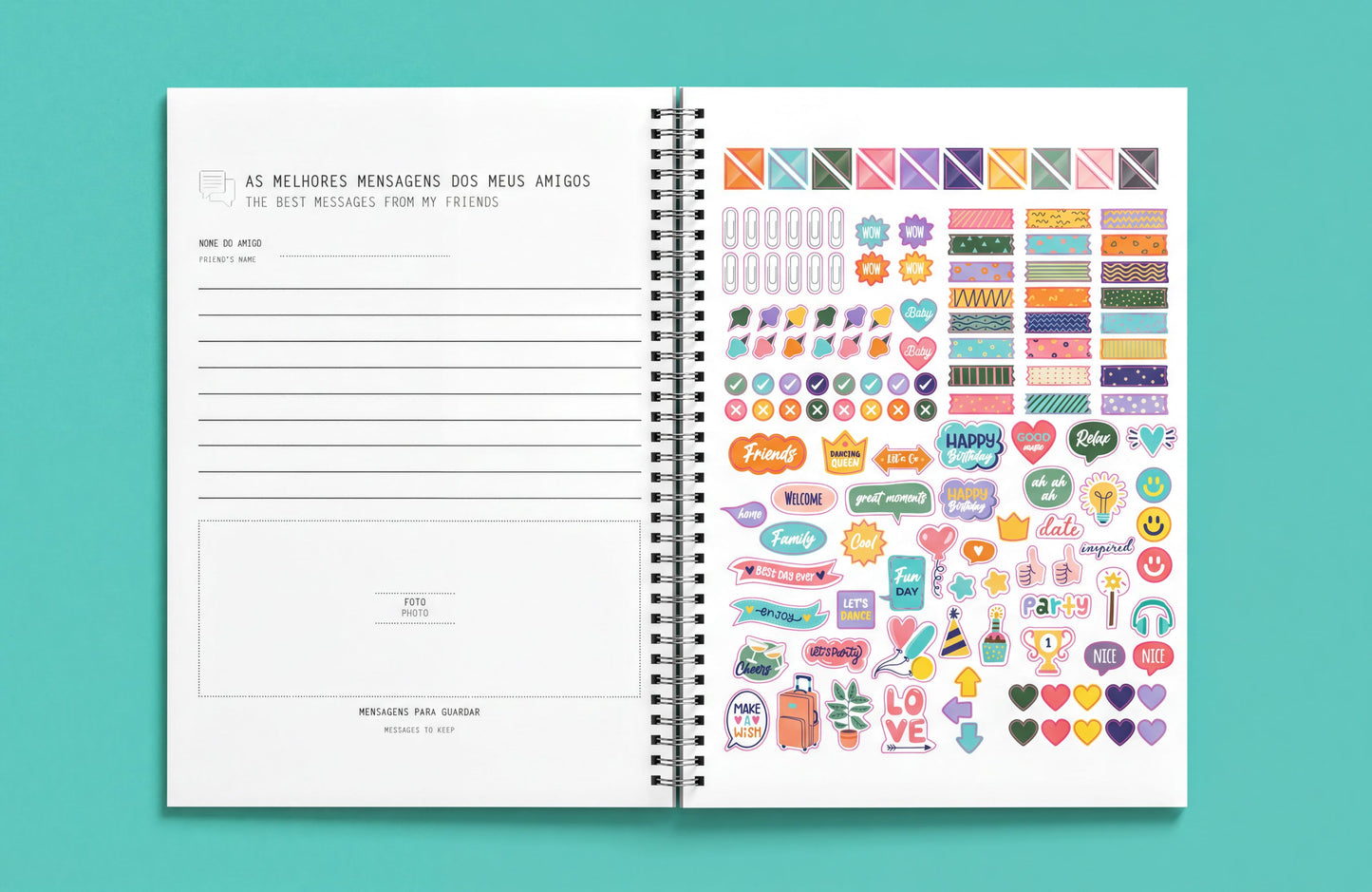 The image is a spiral-bound notebook with a blank page on the left and a colorful collage of stickers and illustrations on the right.