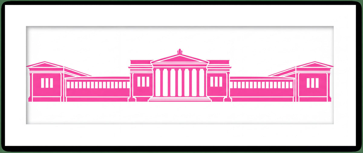 A pink illustration of a classical building with columns and a pediment.