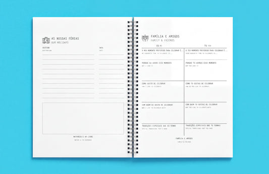 The image is a spiral-bound notebook with a blue background, containing a list of family and friends' names and contact information.