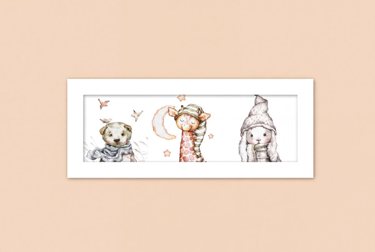 A framed illustration of three cute animal characters: a bear, a giraffe, and a rabbit, each wearing a unique hat or accessory.