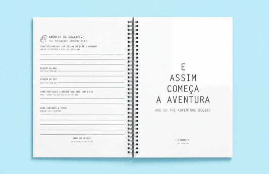 The image is a spiral-bound notebook with a blank page on the left side, and a title page on the right side. The title page has a title and a subtitle, while the blank page has a list of questions or prompts.