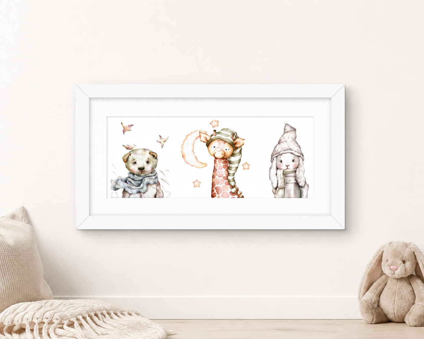 A framed collage of three animal illustrations, including a dog, a giraffe, and a rabbit, is displayed on a white wall.