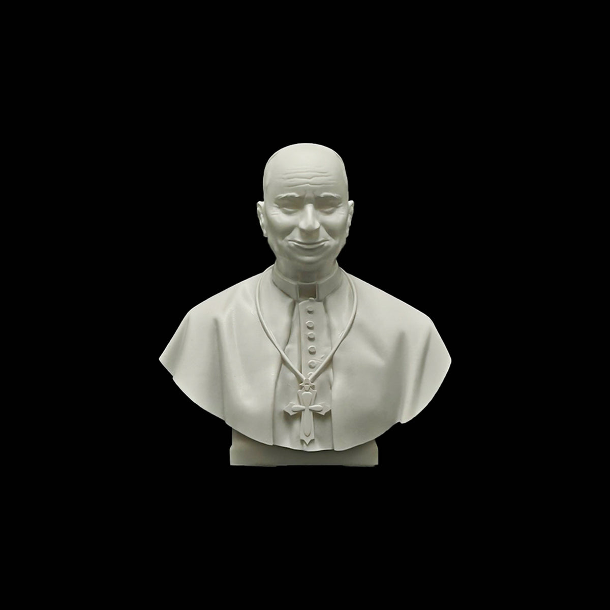 A white bust of a man wearing a robe and a cross, set against a black background.
