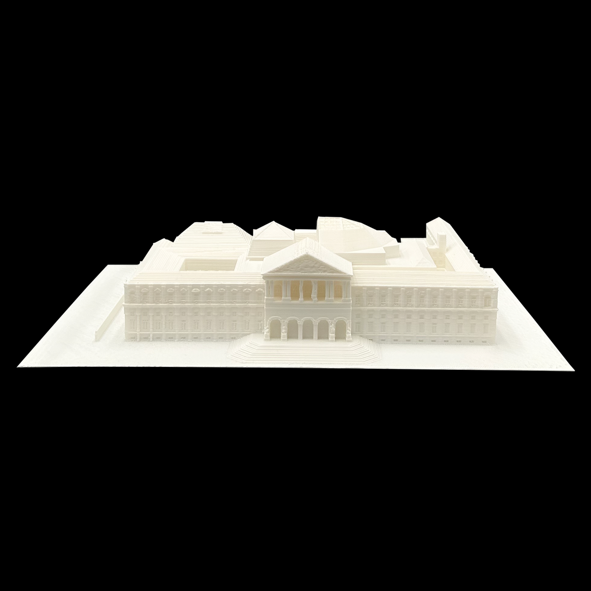 A 3D model of a building, likely a historical or architectural structure, displayed against a black background.