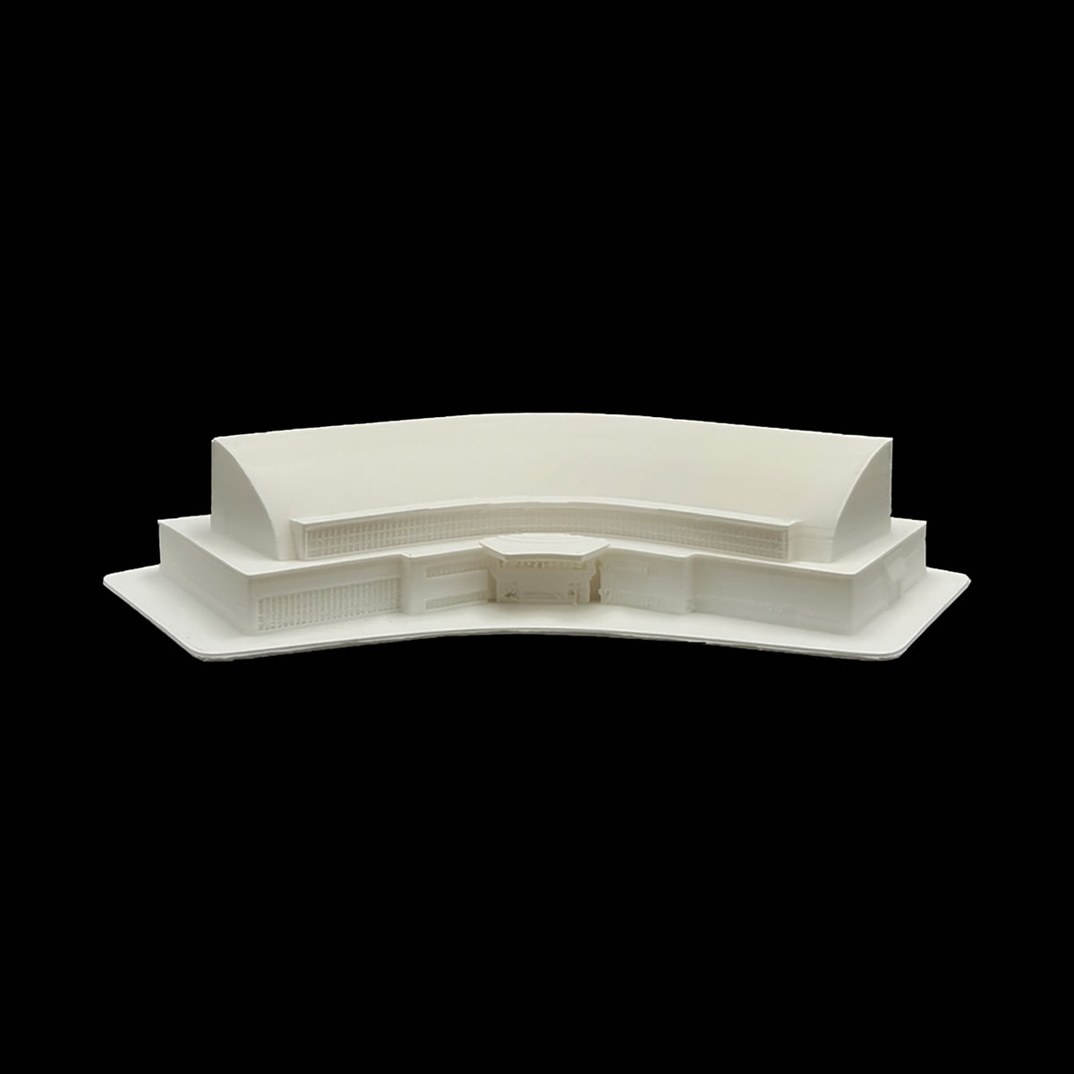 A white 3D model of a building or structure against a black background.