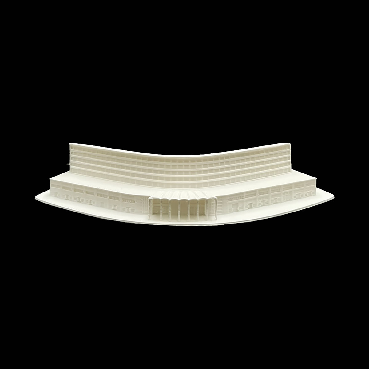 A white, three-dimensional model of a building or structure against a black background.