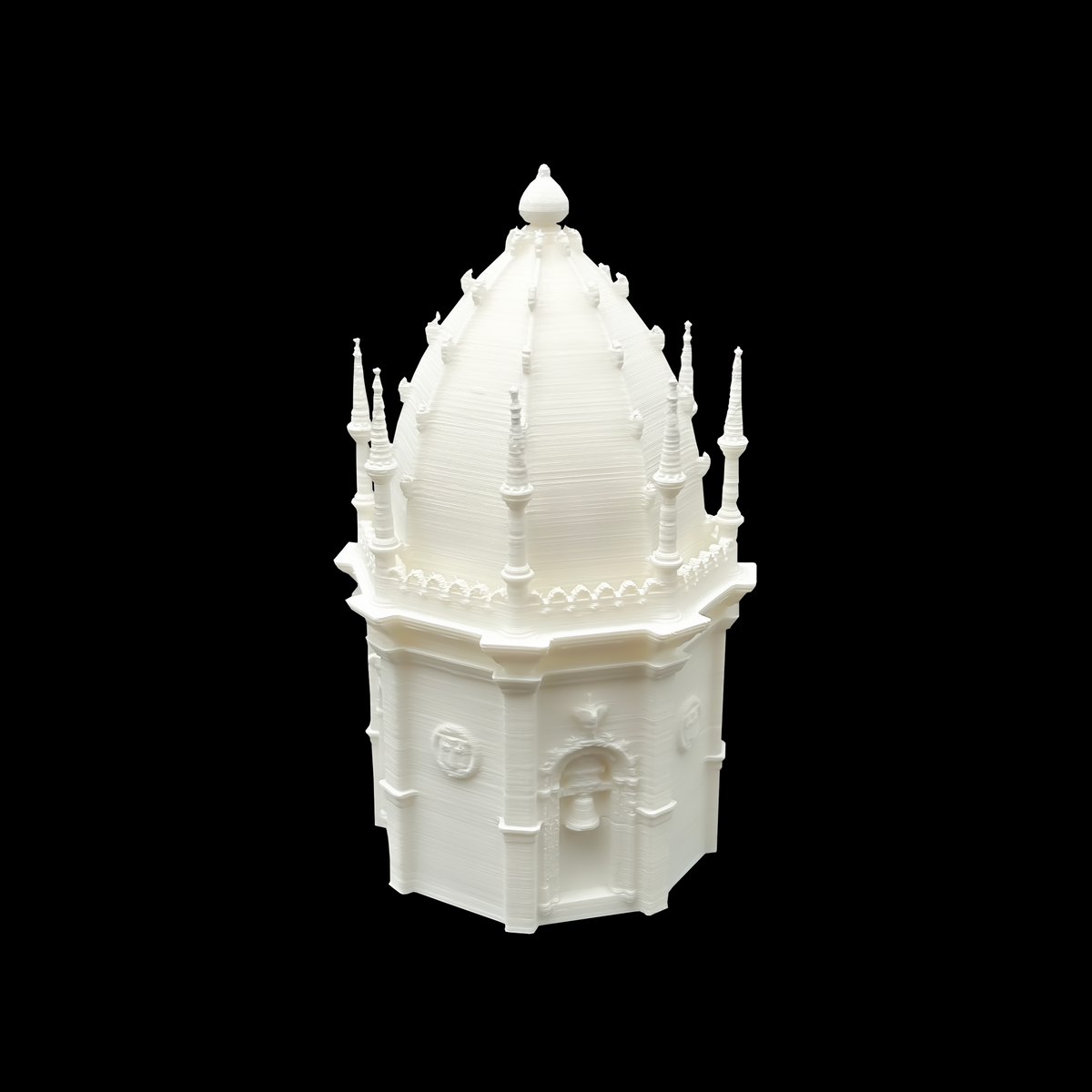 A white, ornate, and intricate 3D model of a tower or building, featuring multiple spires and decorative elements.