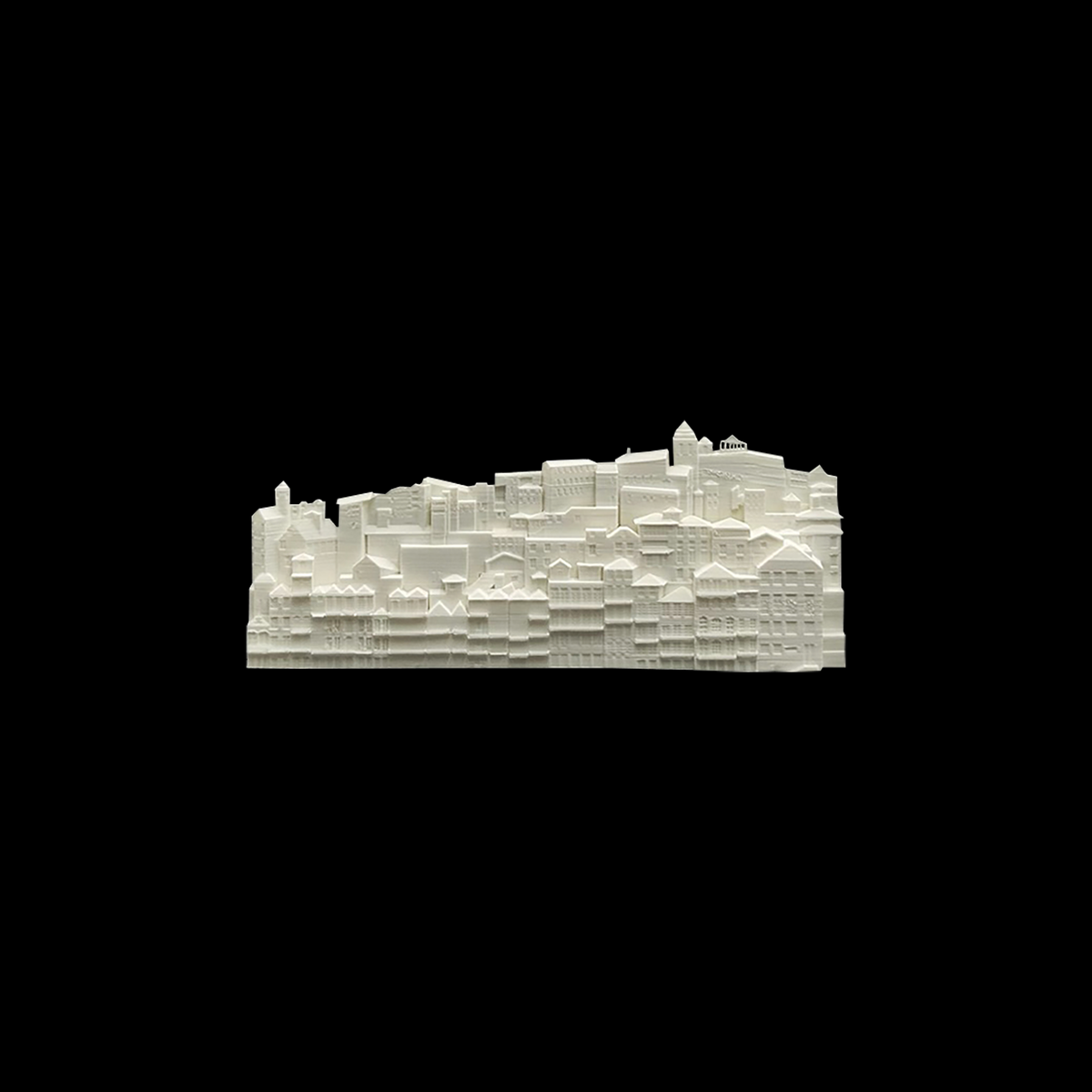 A white 3D model of a cityscape against a black background.