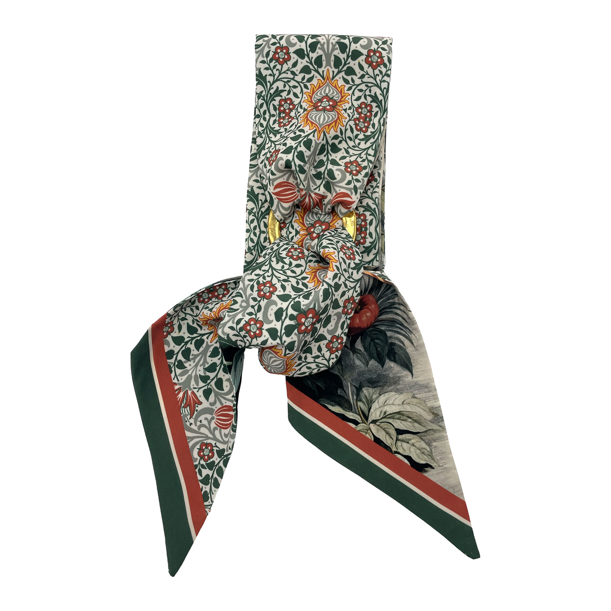 a colorful, patterned scarf with a floral design and a green and red striped border.