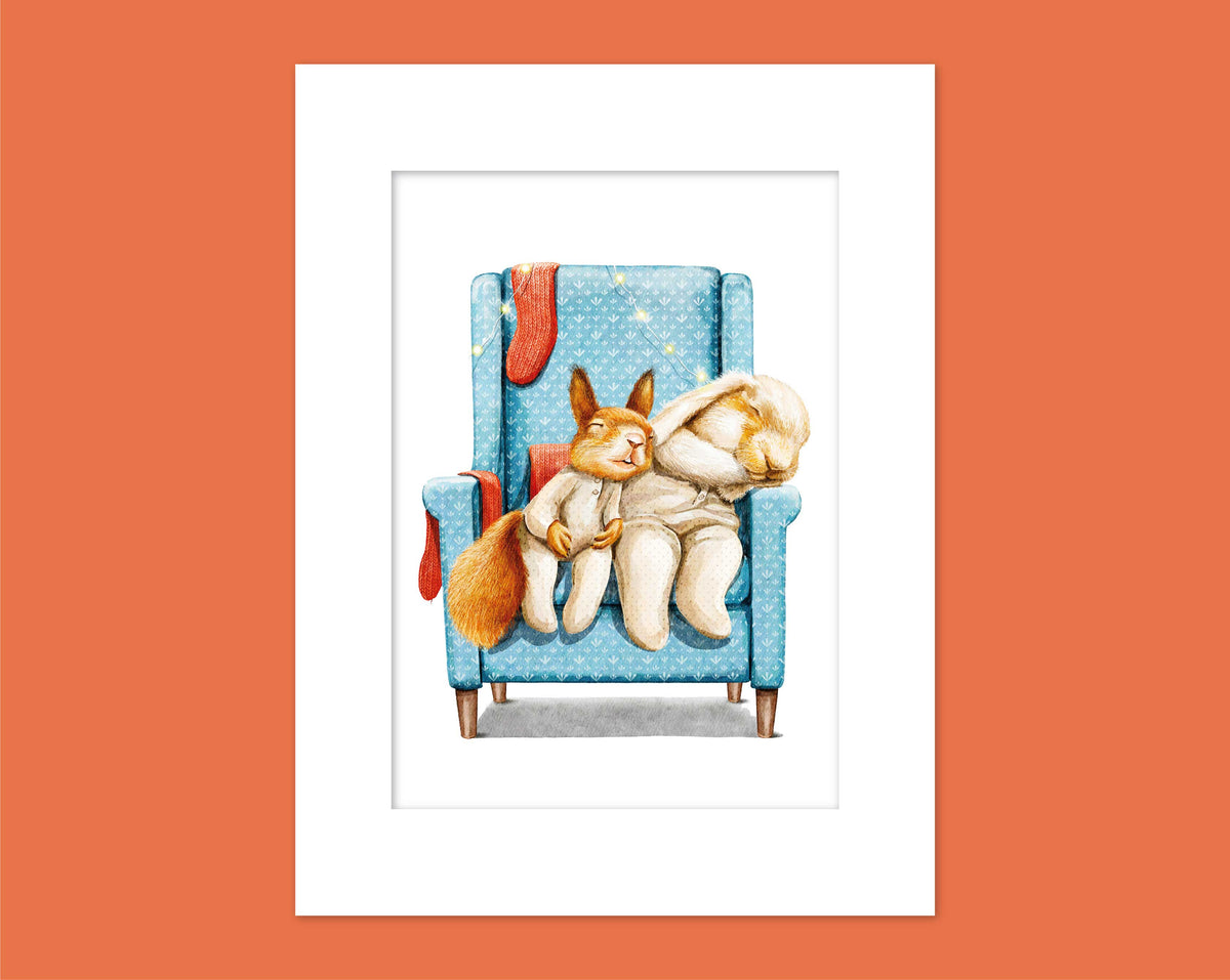A cozy scene of a squirrel and a rabbit cuddling in a blue armchair, with a red scarf hanging from the armrest.