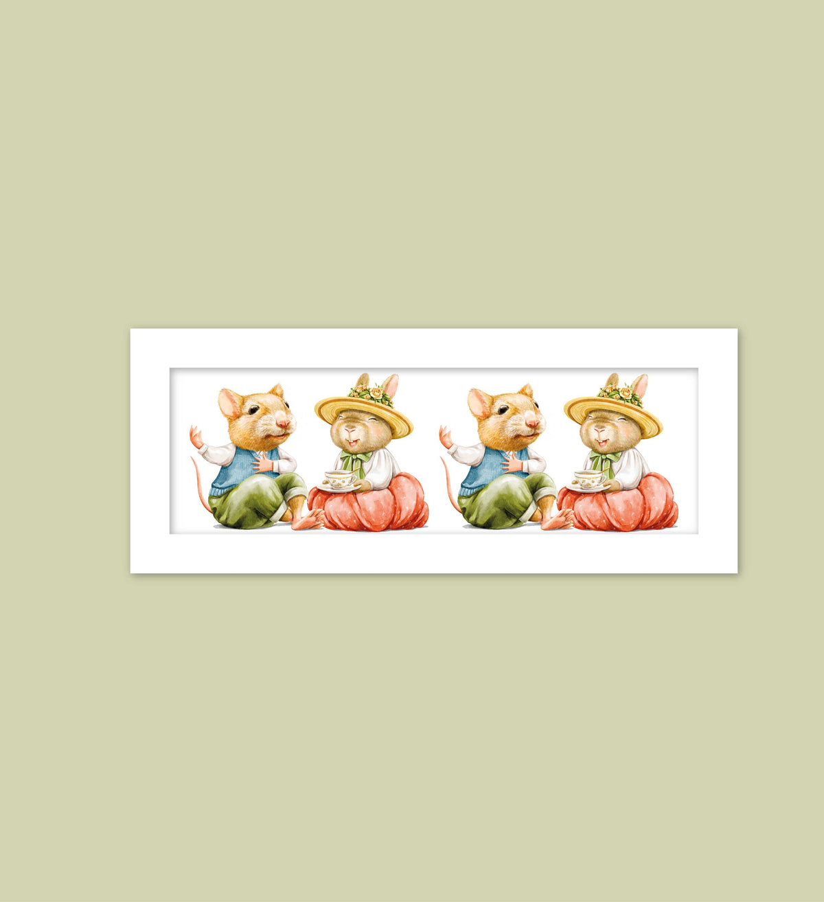 A framed collage of three illustrations of cartoon mice wearing hats and sitting together.