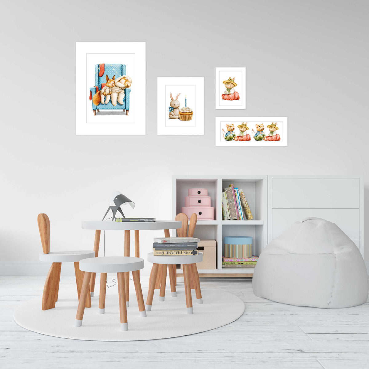 a cozy and inviting children's playroom with a white color scheme. The room is furnished with a white table and chairs, a bean bag chair, and a bookshelf filled with books. There are also several framed animal illustrations on the wall, adding a playful touch to the space.