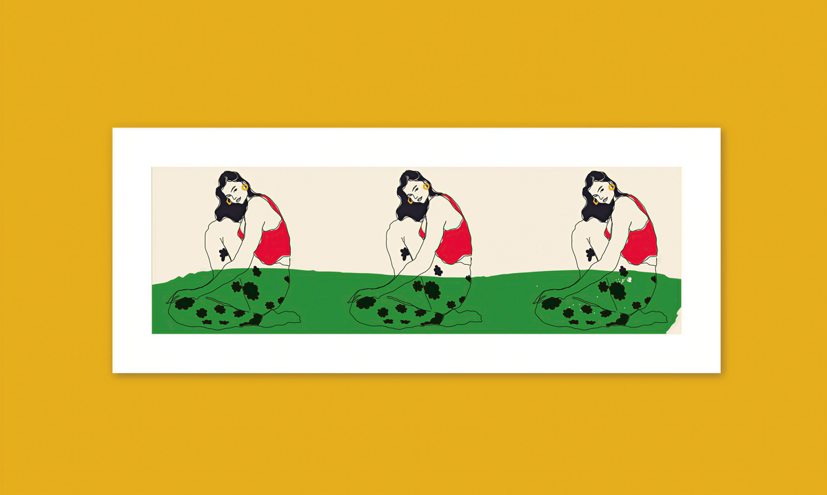 A collage of three identical illustrations of a woman sitting on a grassy surface, each with a different color scheme.