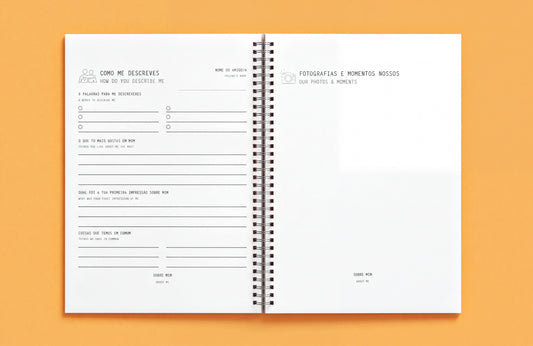 The image is an open spiral-bound notebook with a blank page, featuring a form for describing photographs and moments.