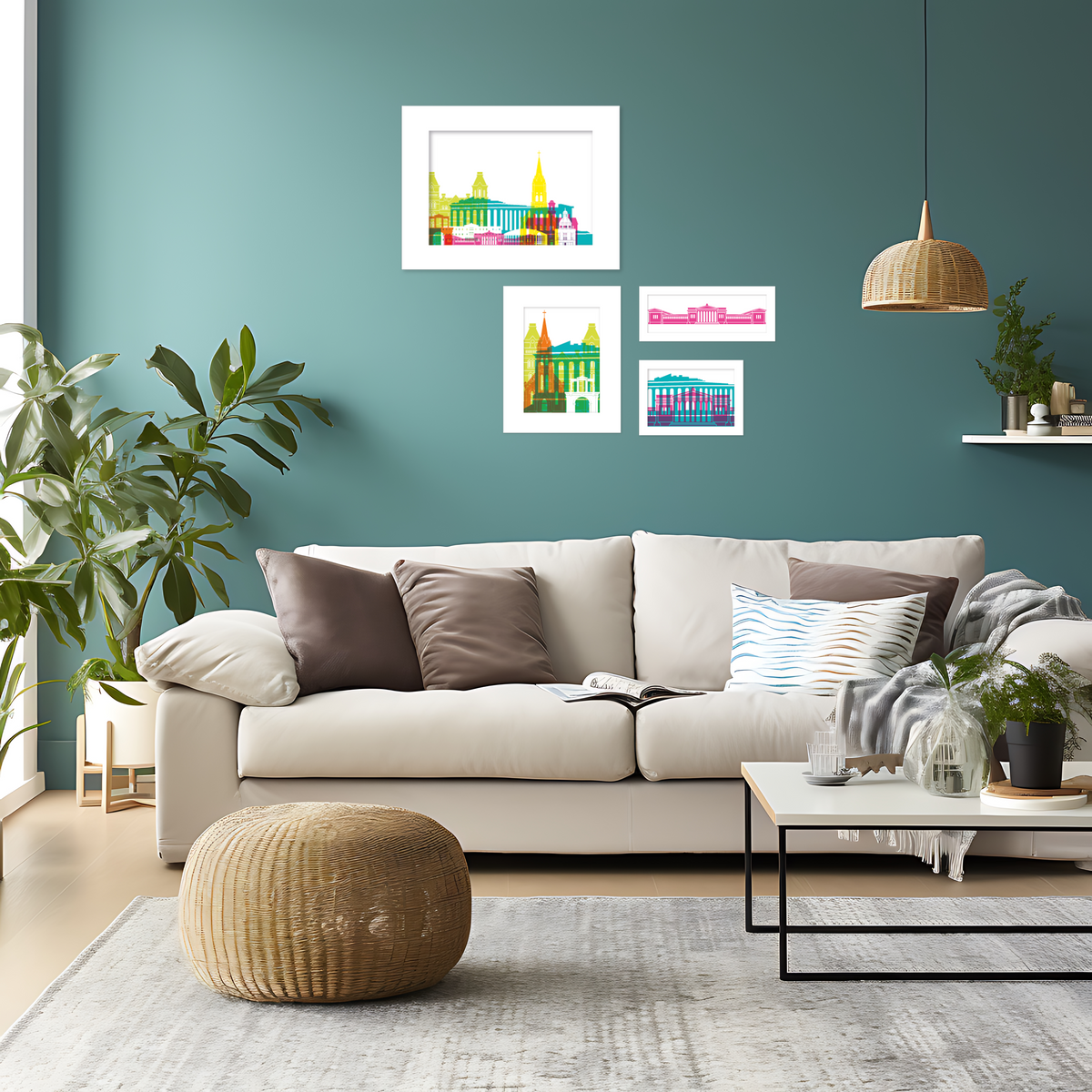 a cozy living room with a white sofa, a coffee table, and various decorative elements such as plants and artwork on the walls.