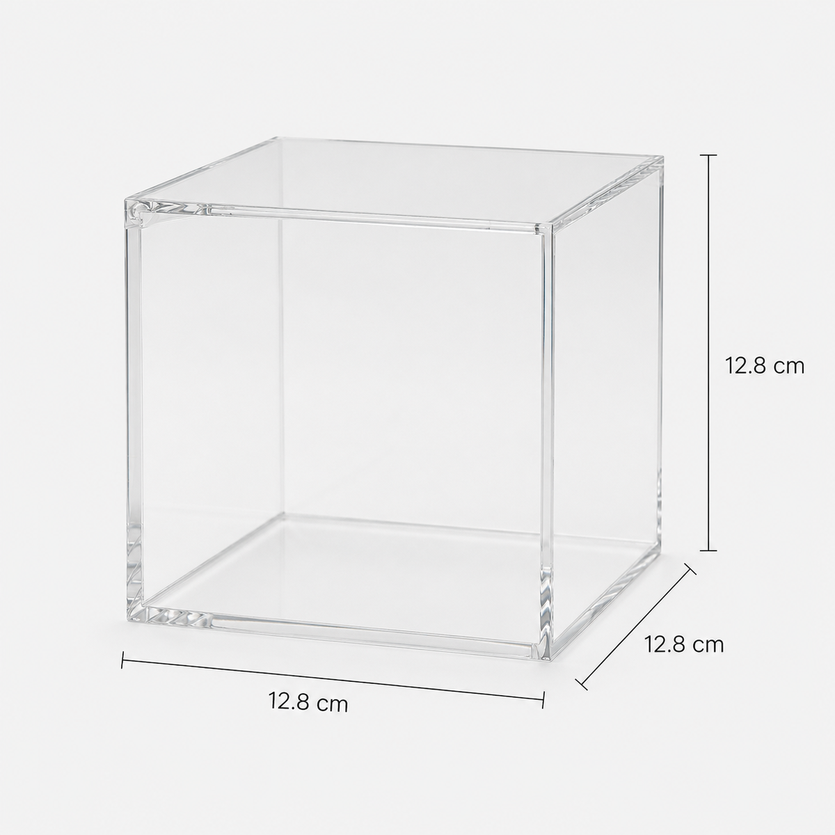 A clear, square-shaped container with dimensions of 12.8 cm in length, width, and height.