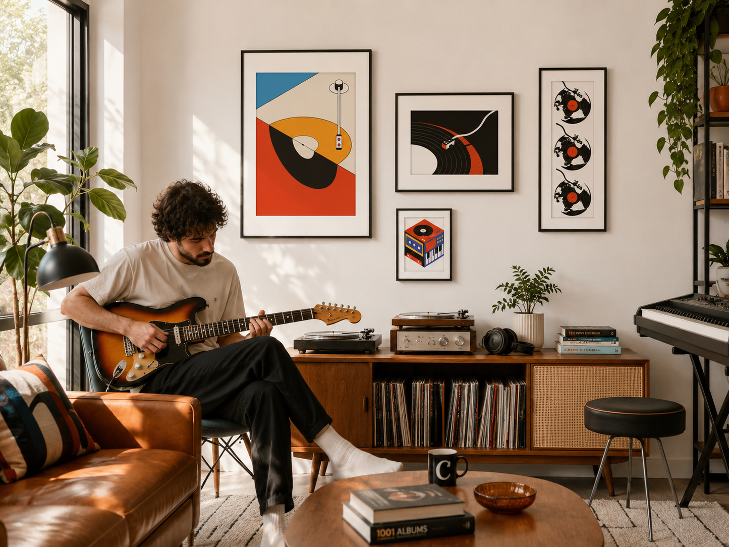 A man is sitting in a living room, playing an electric guitar and singing. The room has a modern and stylish design, with framed artwork on the walls and a bookshelf filled with books and plants.
