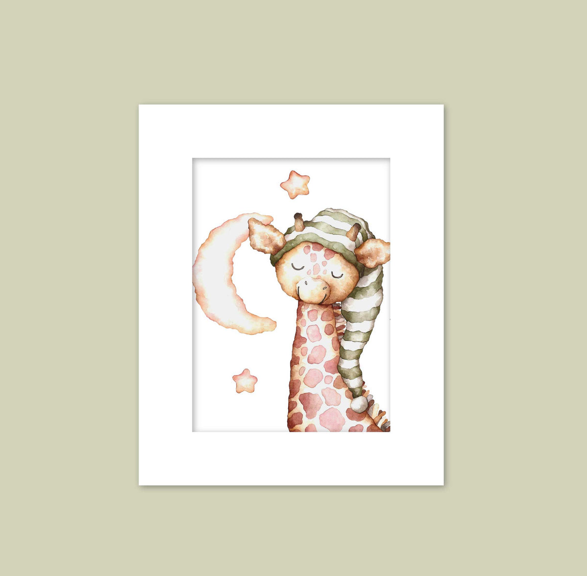 A giraffe wearing a striped hat and gazing at a crescent moon and stars in a white frame.