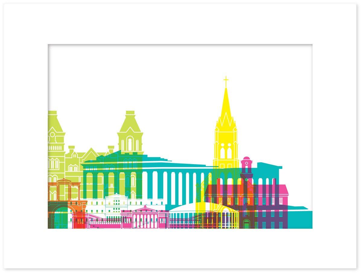 A colorful, stylized illustration of a city skyline, featuring various architectural styles and structures.