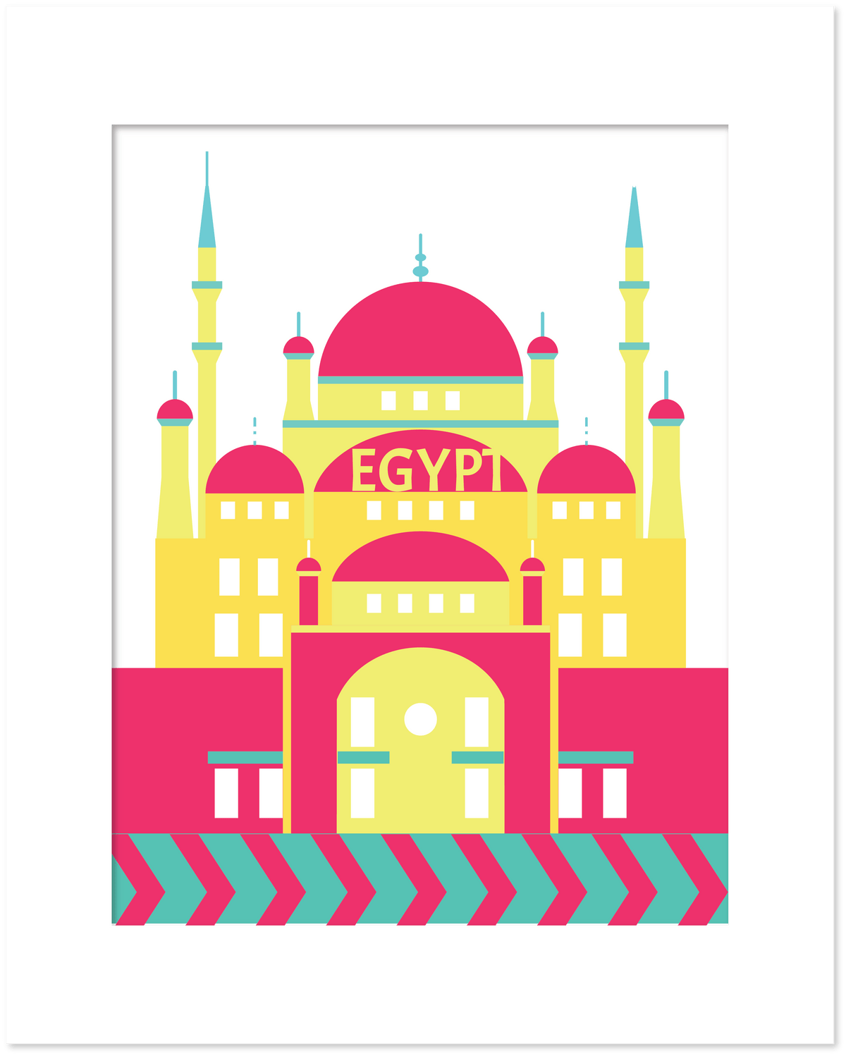 A stylized illustration of the Great Mosque of Cairo, Egypt, featuring a colorful and vibrant design with a prominent dome and multiple minarets.