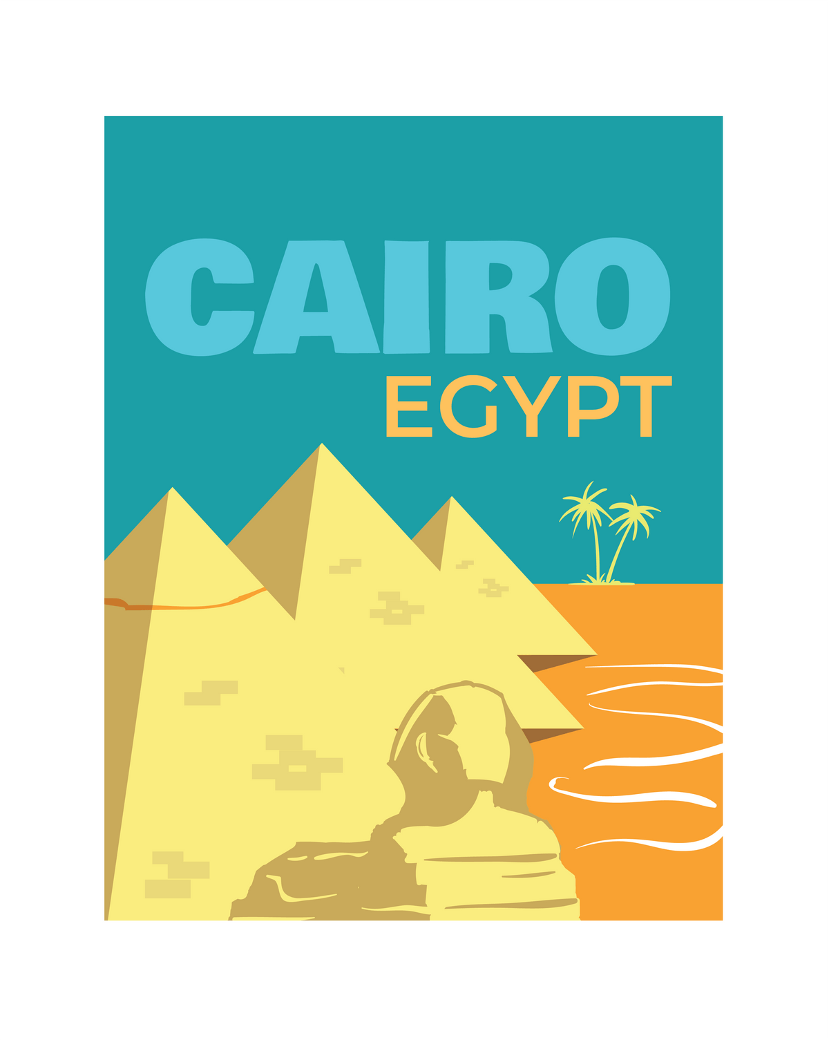 The image is a stylized poster or illustration of the pyramids of Giza in Egypt, with a clear blue sky and palm trees in the background.