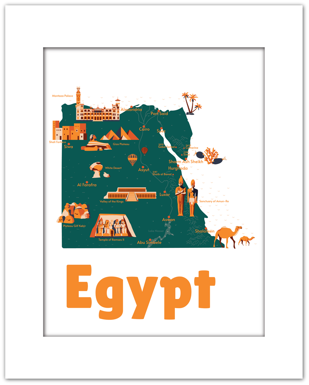 The image is a stylized map of Egypt, featuring various landmarks and symbols such as pyramids, camels, and people.
