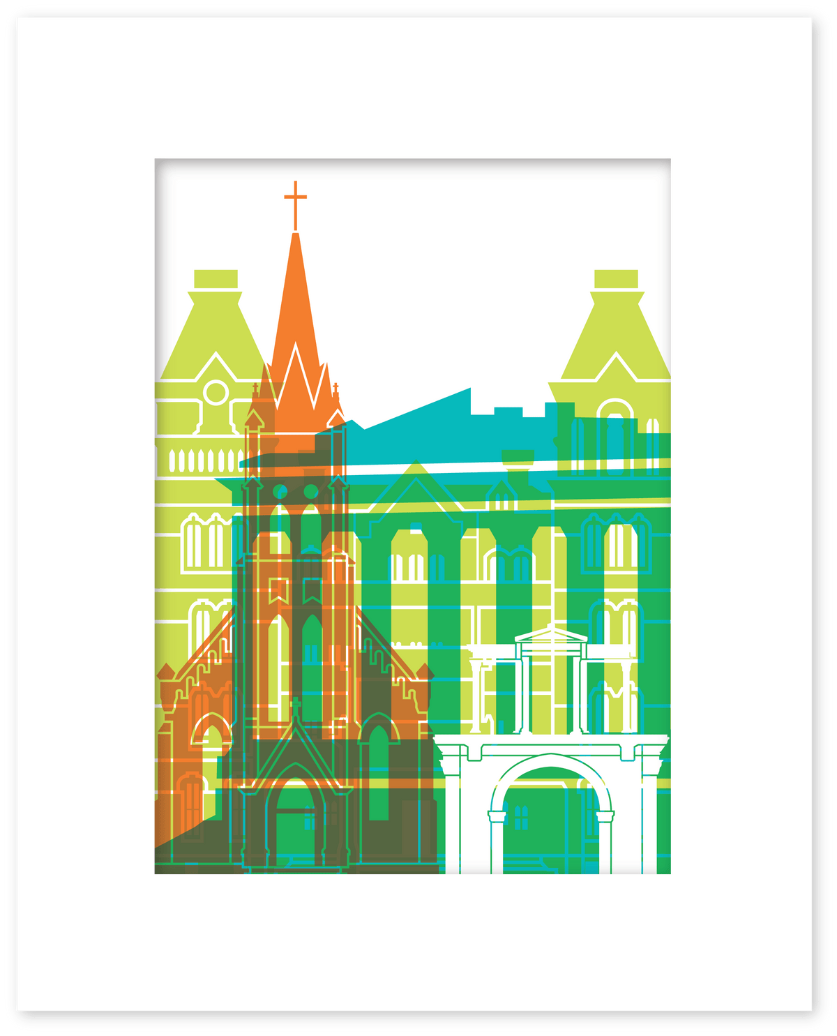 The image is a stylized illustration of a cityscape featuring a church with a tall spire and a building with a pointed roof.