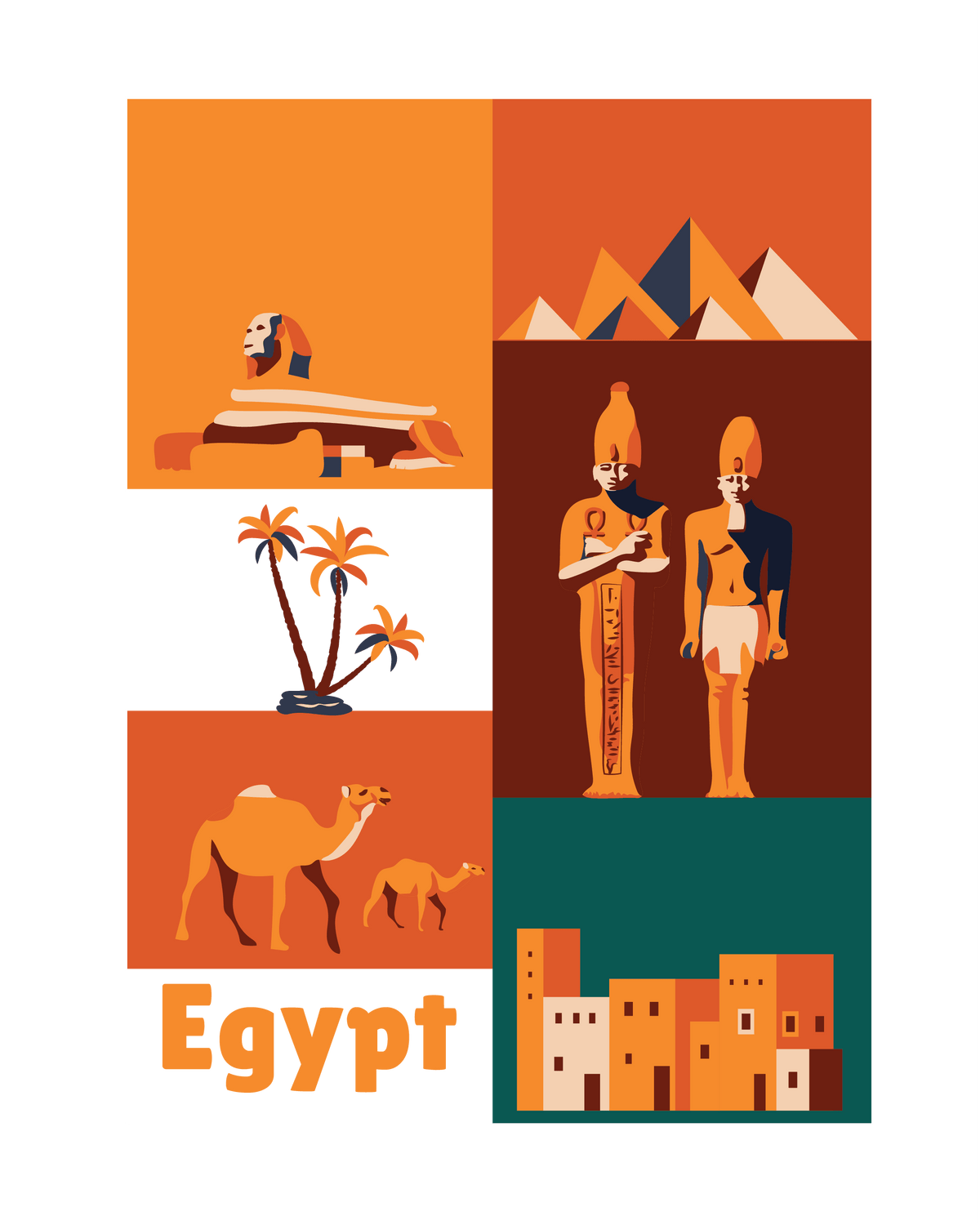 The image is a collage of various elements representing different aspects of Egypt, including a pyramid, a pharaoh, a camel, palm trees, and buildings.