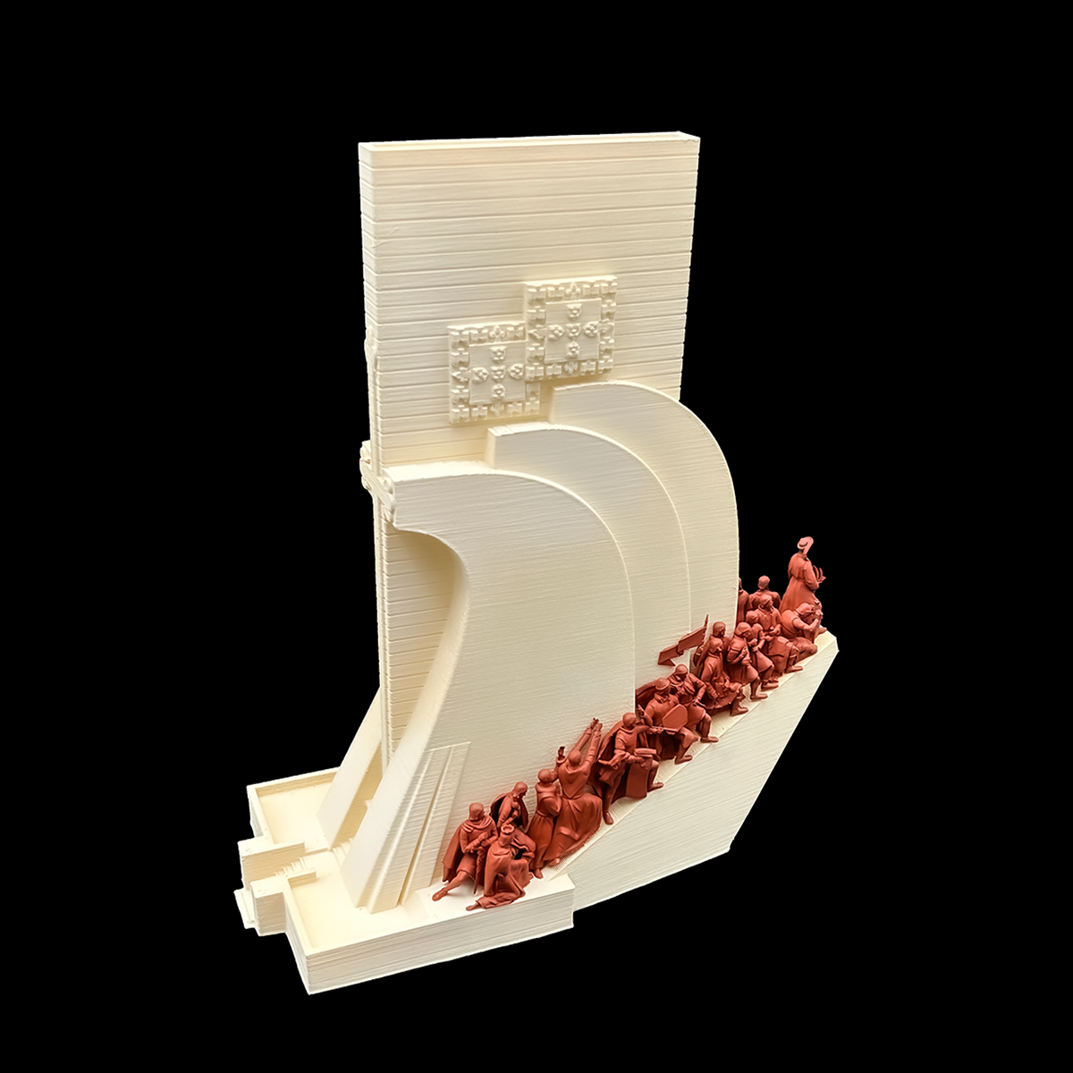 The image is a 3D model of a white structure with a curved design, featuring a group of red figures on a ramp or platform.
