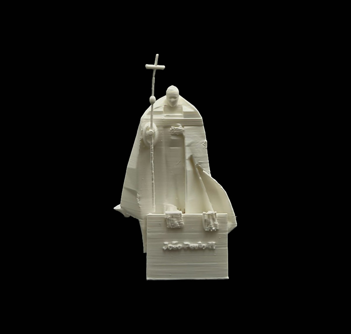 A white 3D printed statue of a religious figure, possibly a saint or religious leader, standing against a black background.