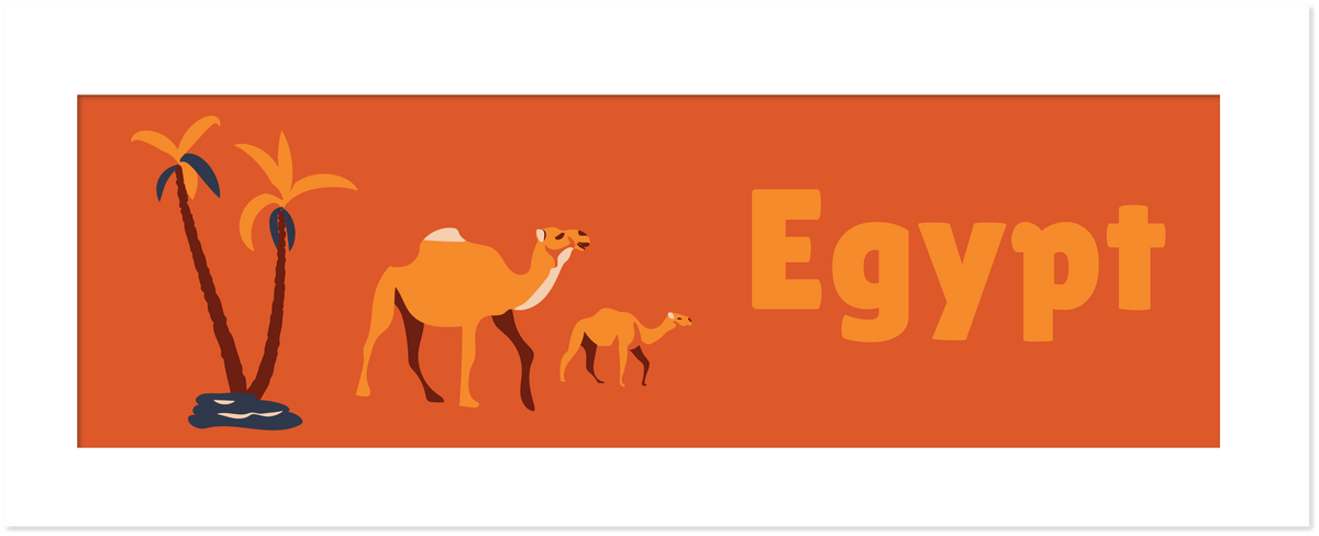 two camels, one larger and one smaller, against an orange background with the word "Egypt" written in large yellow letters.
