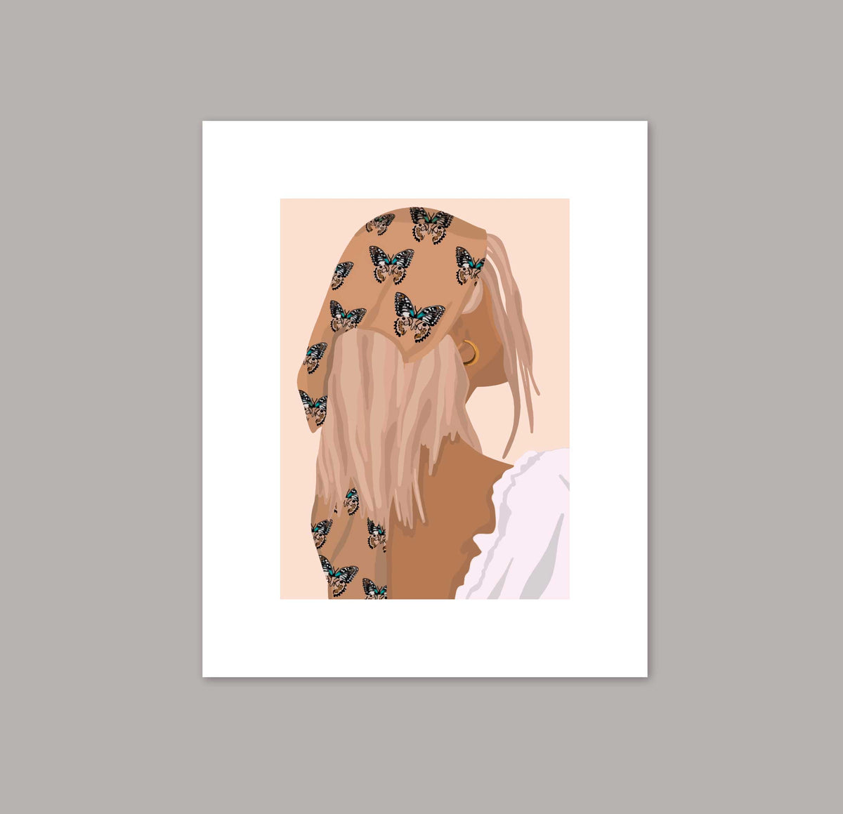 The image is a digital illustration of a woman with a pattern of butterflies on her head.