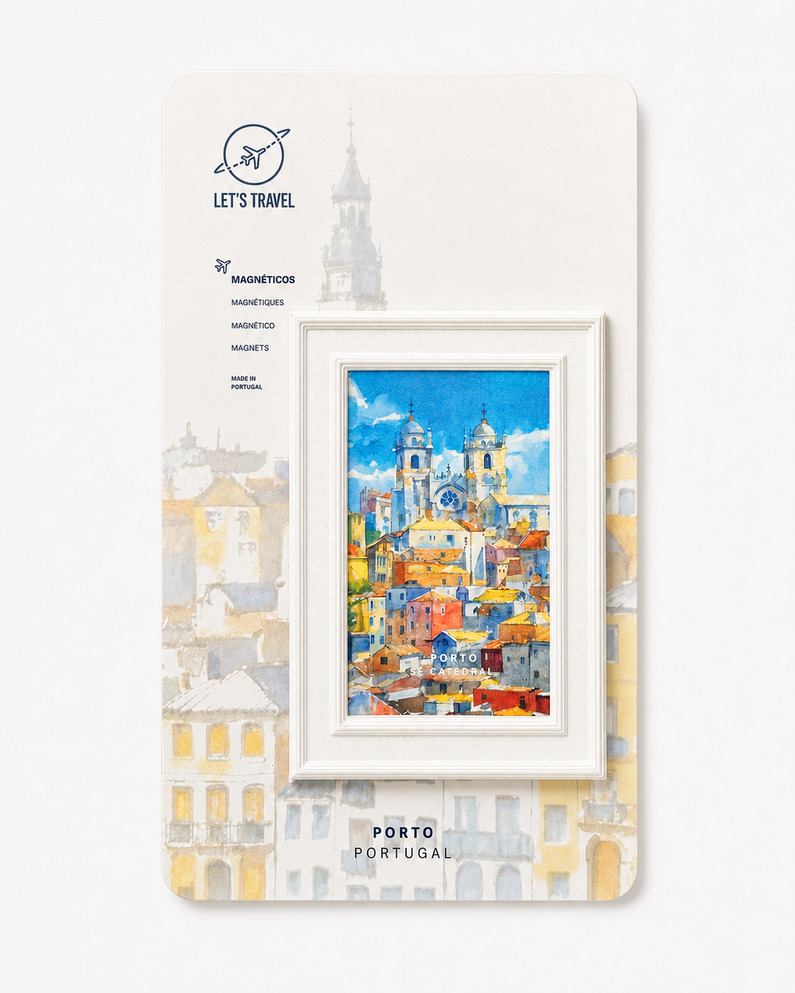 The image is a framed picture of a colorful cityscape, likely from Portugal, with a plane flying over the city.