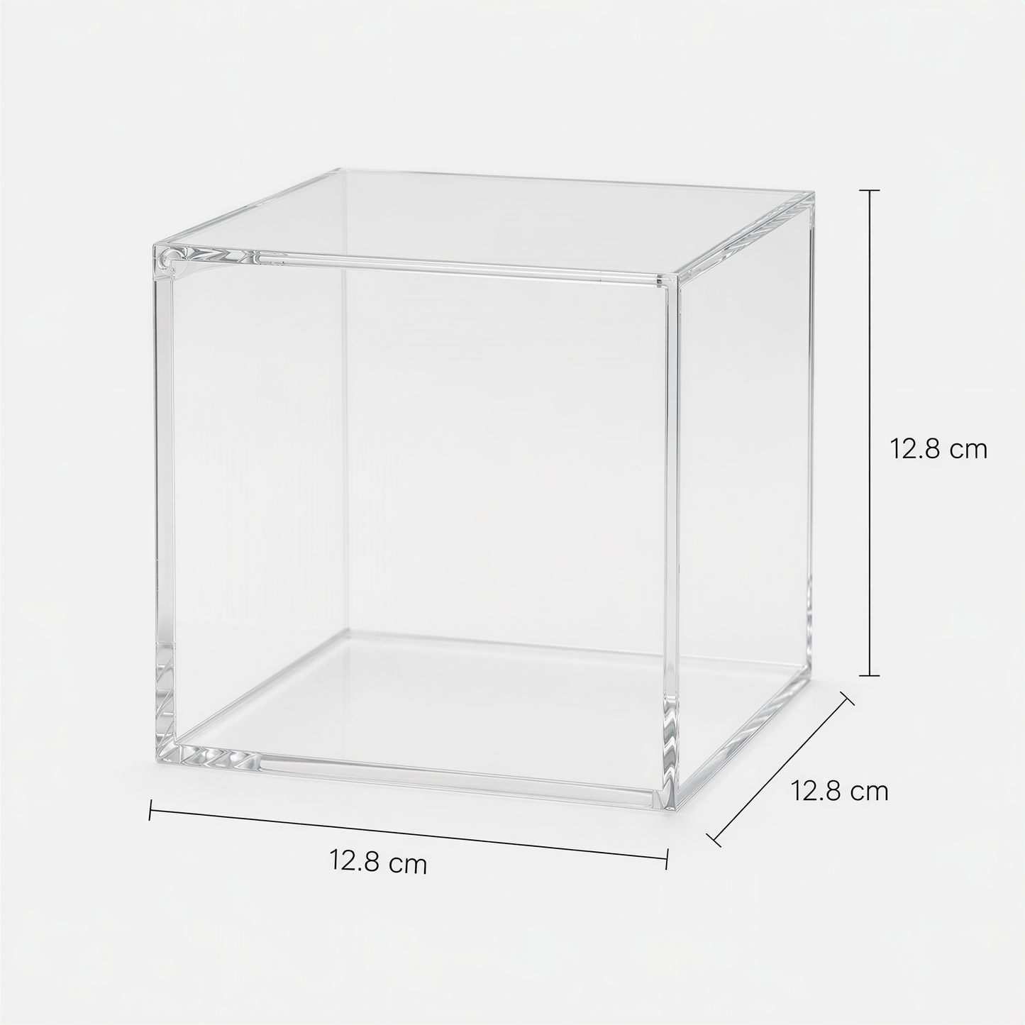 A clear, square-shaped container with dimensions of 12.8 cm in length, width, and height.