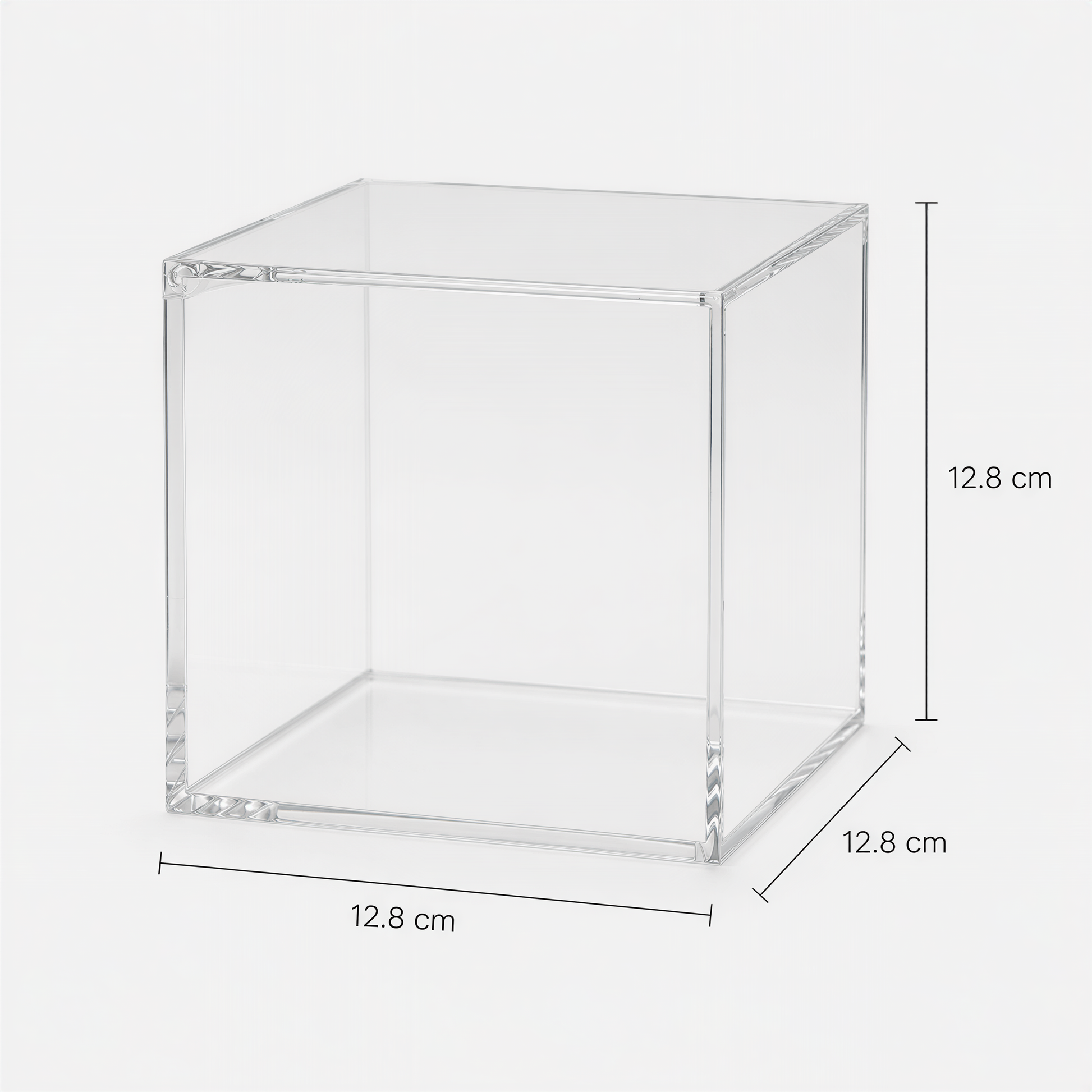 A clear, square-shaped container with dimensions of 12.8 cm in length, width, and height.