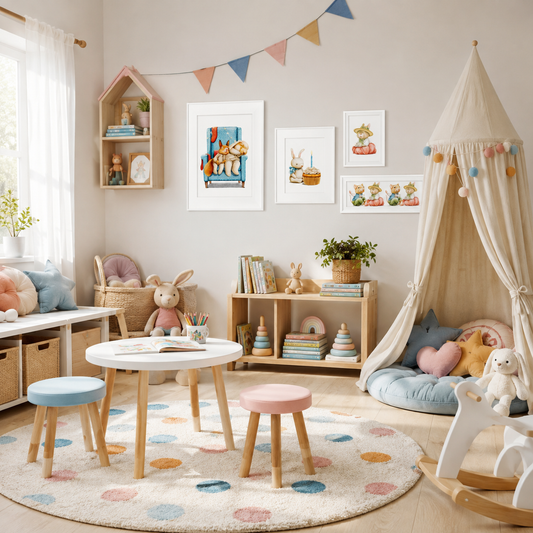A cozy and colorful children's playroom with a canopy tent, a table, chairs, and various toys and decorations.
