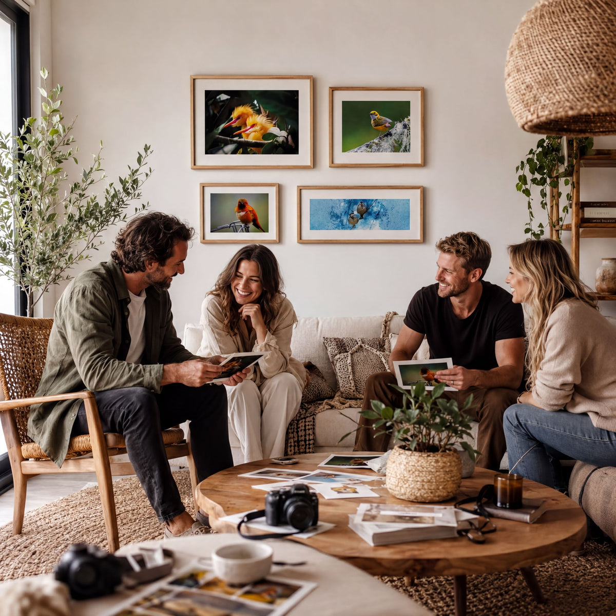A group of four people are sitting around a coffee table in a cozy living room, engaged in conversation and enjoying each other's company.