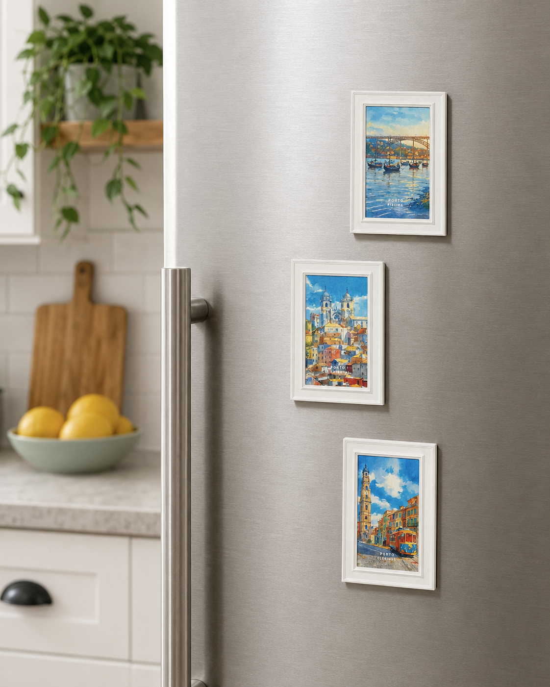 a kitchen with a refrigerator and a countertop. There are three framed pictures hanging on the refrigerator door, depicting various scenes.