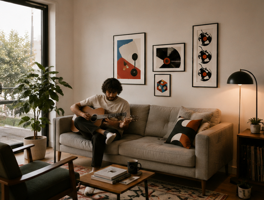 A man is sitting on a couch playing a guitar in a cozy living room with a large window, plants, and framed artwork on the walls.