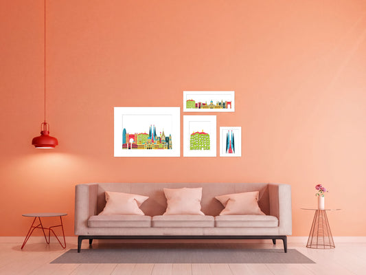 a modern living room with a pink wall, a beige sofa, a red table lamp, and a small table with a vase of flowers.