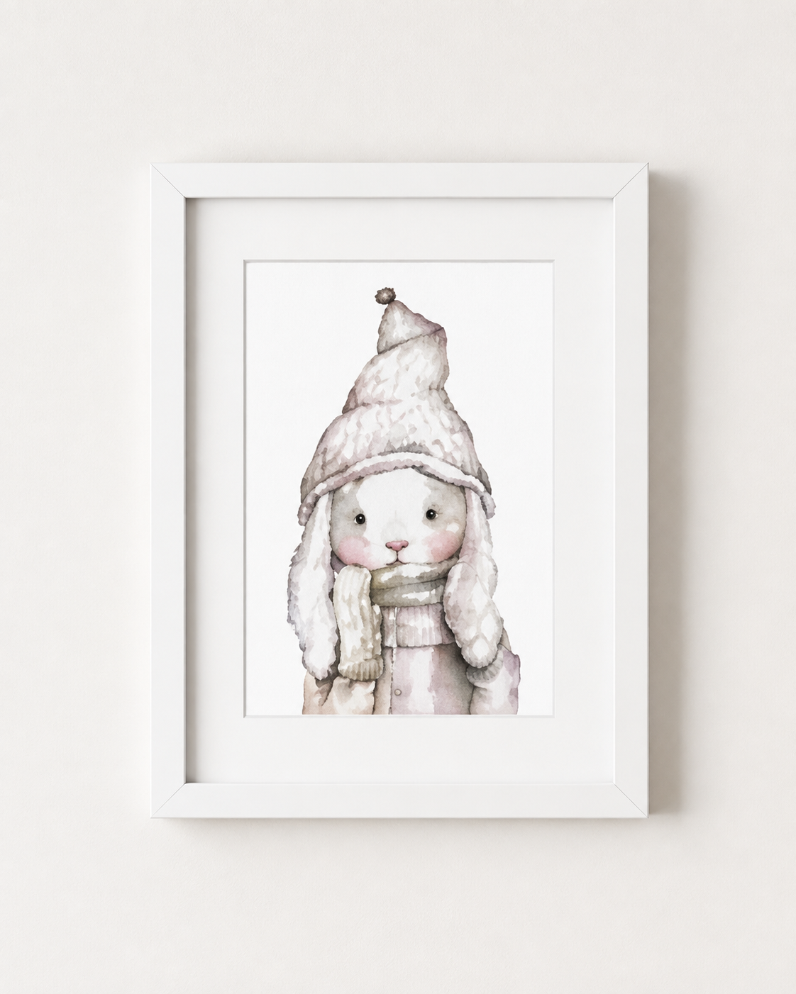 A framed illustration of a white rabbit wearing a hat and scarf, with a pensive expression on its face.