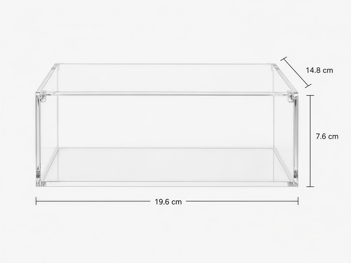 a transparent, rectangular, clear plastic box with dimensions of 7.6 cm in length and 19.6 cm in width.