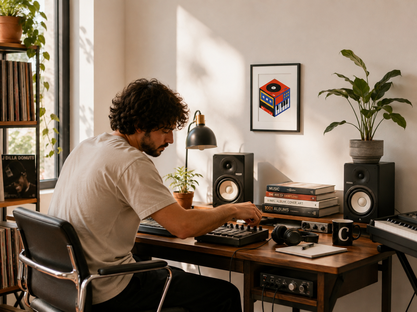 A man is sitting at a desk, working on a computer and surrounded by various musical equipment, including speakers and headphones.