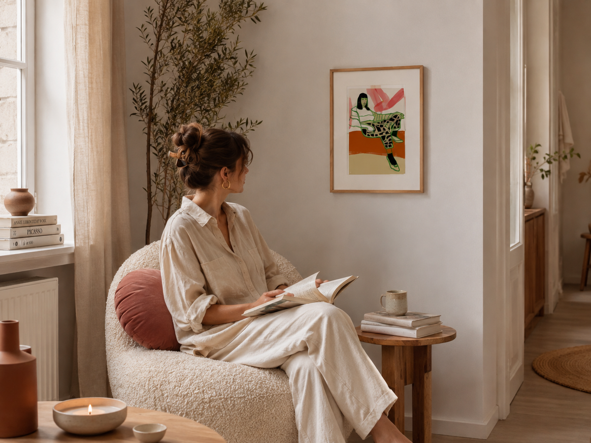 A woman is sitting comfortably in a plush chair, engrossed in reading a book. The room is tastefully decorated with a painting on the wall, a plant, and various decorative items, creating a cozy and inviting atmosphere.