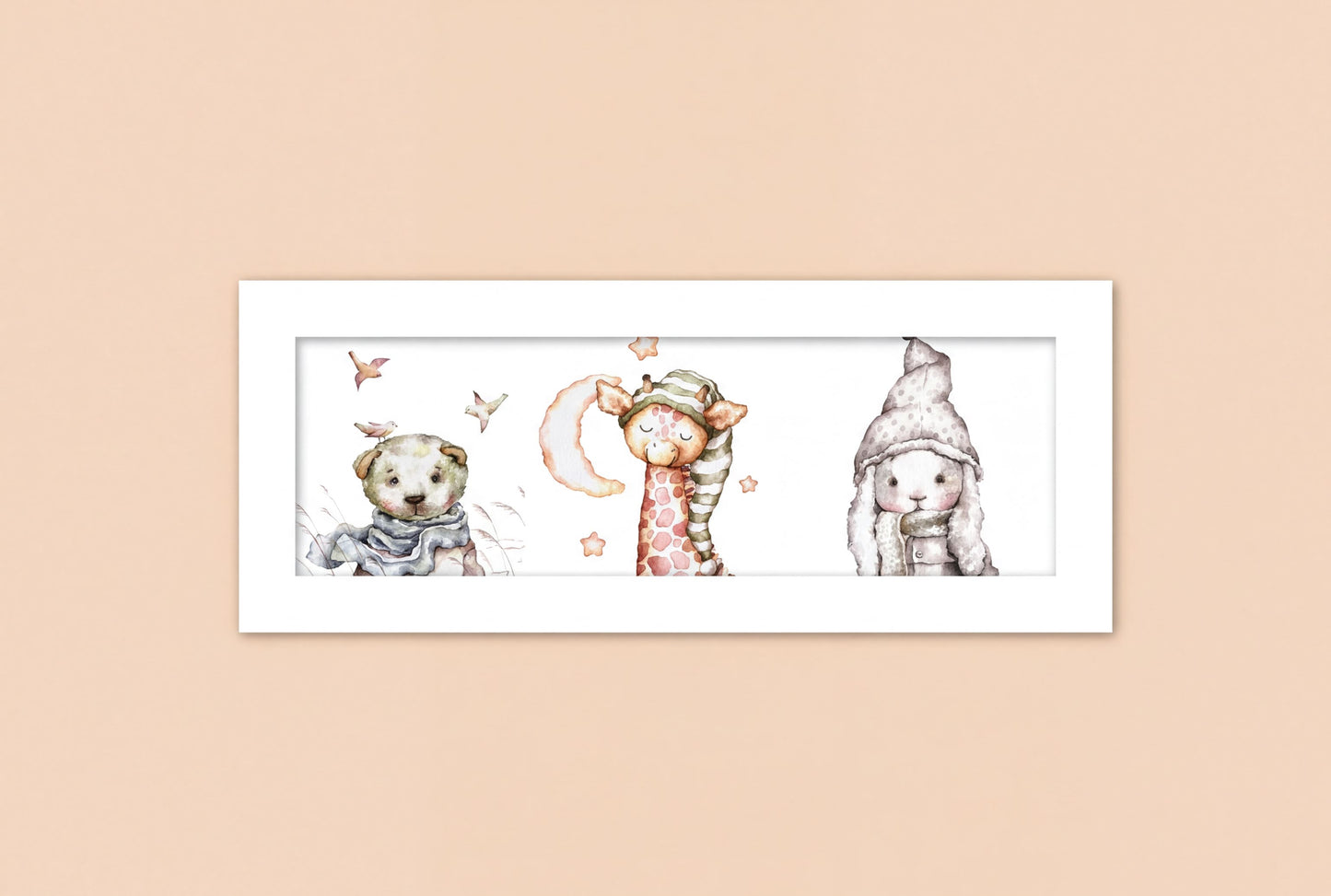 A framed illustration of three cute animal characters: a bear, a giraffe, and a rabbit, each wearing a unique hat or accessory.