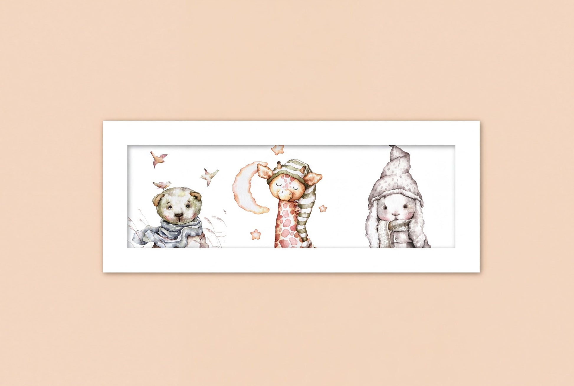 A framed illustration of three cute animal characters: a bear, a giraffe, and a rabbit, each wearing a unique hat or accessory.