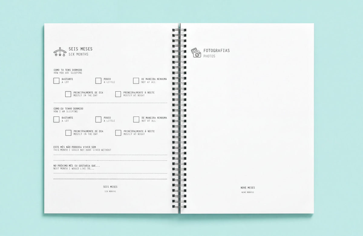 The image is a spiral-bound notebook with a blank page, featuring a list of categories and checkboxes for recording information.