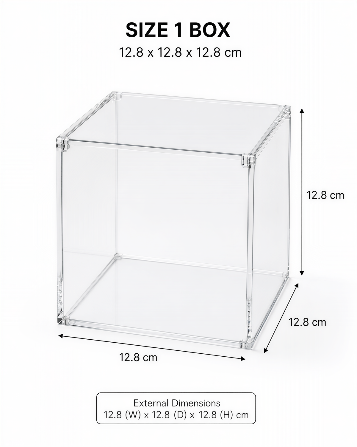 a clear plastic box with dimensions of 12.8 cm in height, width, and depth.