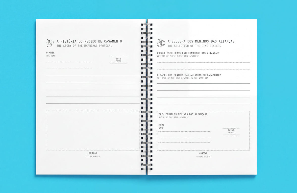 The image is a spiral-bound notebook with a blank page on the left side, and a page with a form on the right side. The notebook is set against a blue background.